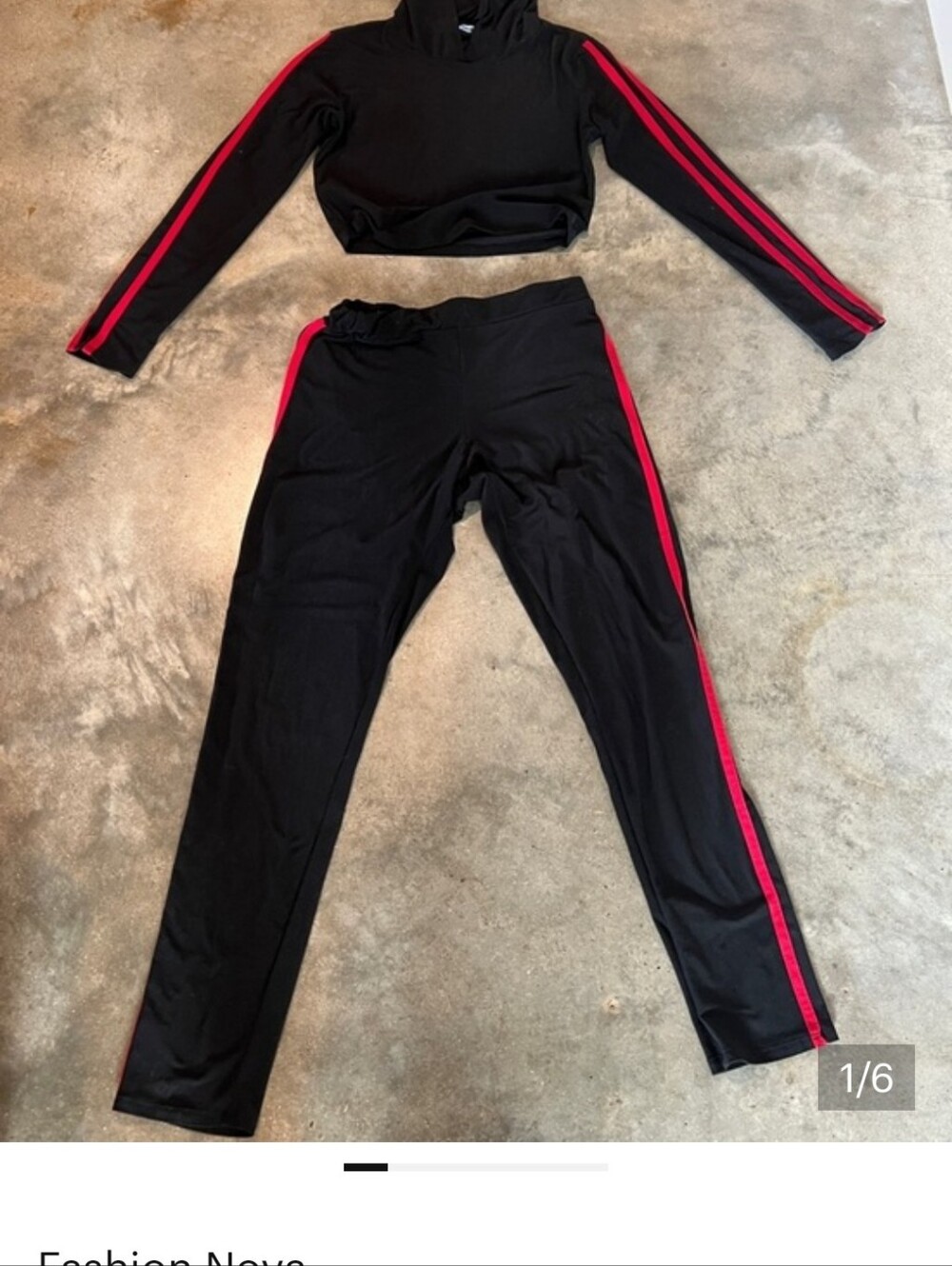 Fashion Nova Black Cropped Hoodie with Red Sleeve Stripes Pant set
